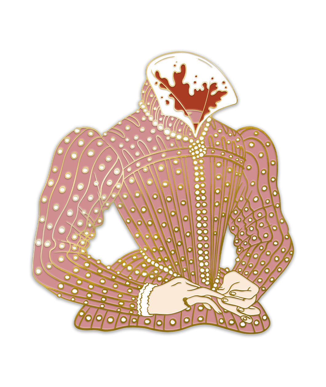 A pink bodice pin with little white dots that appear to be pearls. The neck is severed with blood spilling onto the white neck cuff. Depicts Mary's Body from Noble Blood.