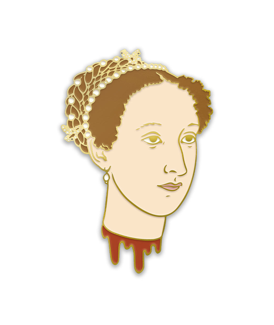 A Mary's head pin with her hair up in a jewel adorned net. Her hood has been severed and there is blood dripping down the next. From Noble Blood.