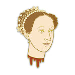 A Mary's head pin with her hair up in a jewel adorned net. Her hood has been severed and there is blood dripping down the next. From Noble Blood.
