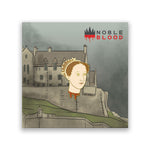 A Mary's head pin with her hair up in a jewel adorned net. Her hood has been severed and there is blood dripping down the next. From Noble Blood.