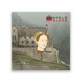 A Mary's head pin with her hair up in a jewel adorned net. Her hood has been severed and there is blood dripping down the next. From Noble Blood.