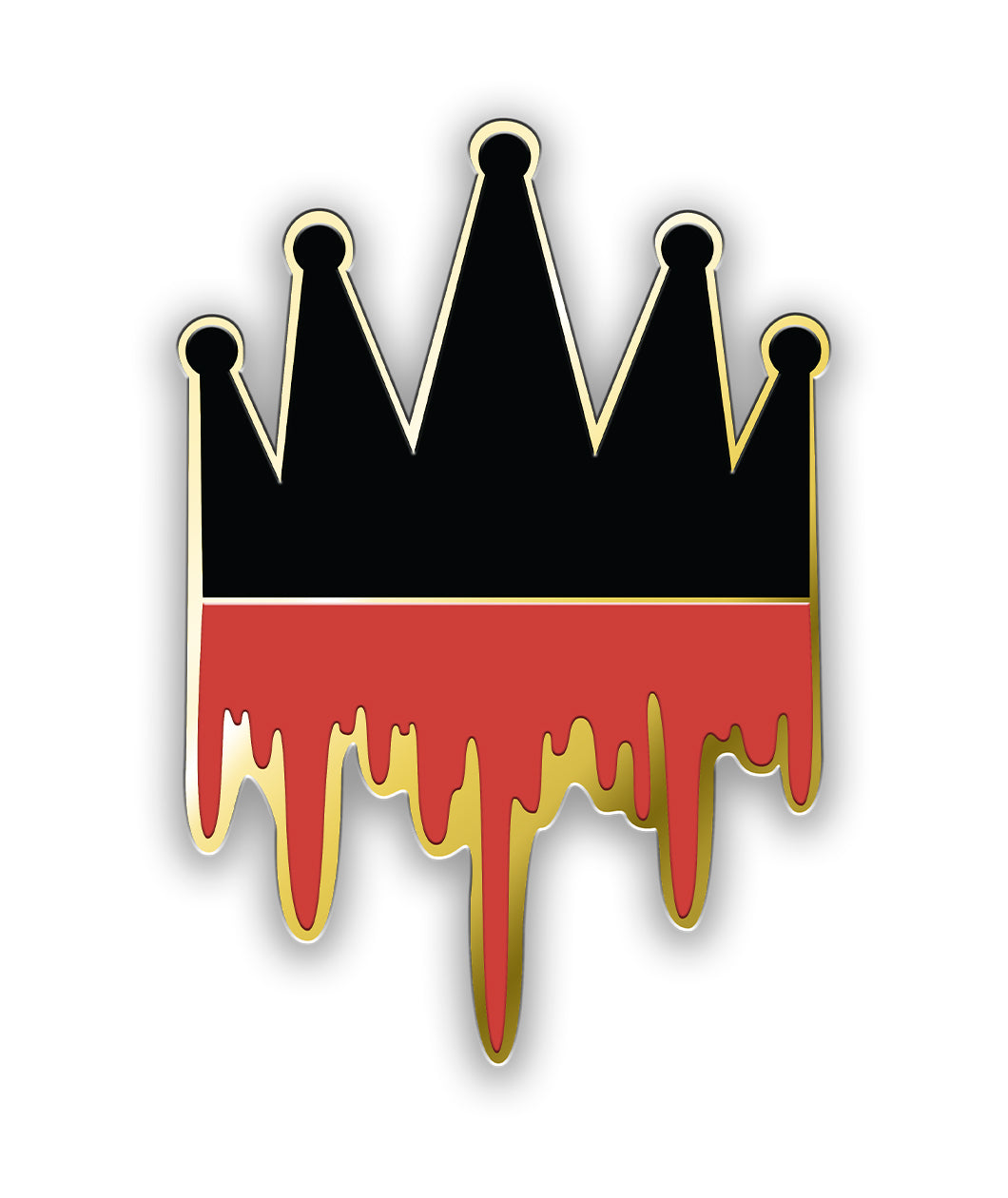 The Noble Blood logo pin, the top half is black and shaped like a crown and the bottom half is red, showing dripping blood.