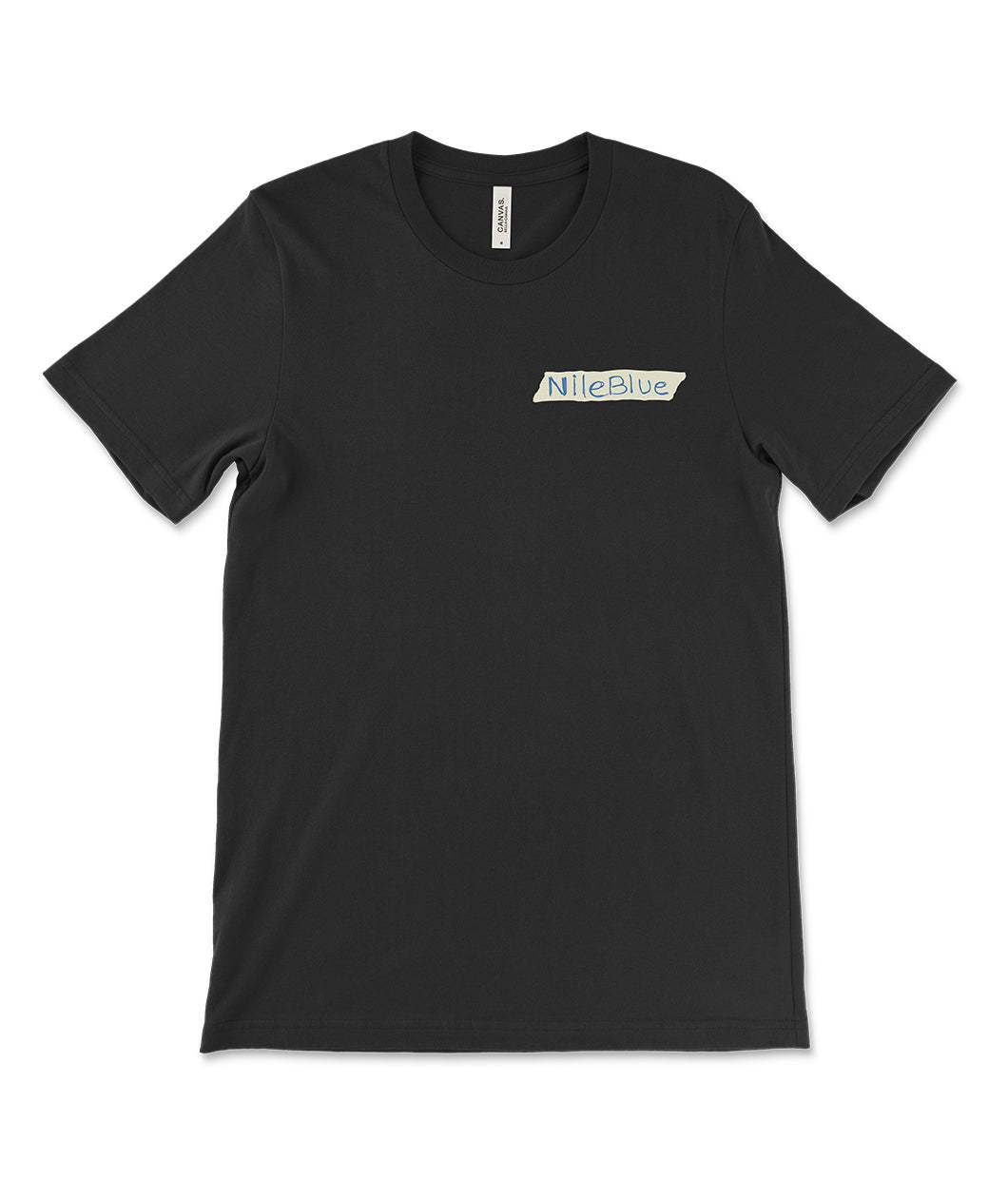 A black t-shirt with a print to look like a strip of masking tape in the upper right chest area with the text 