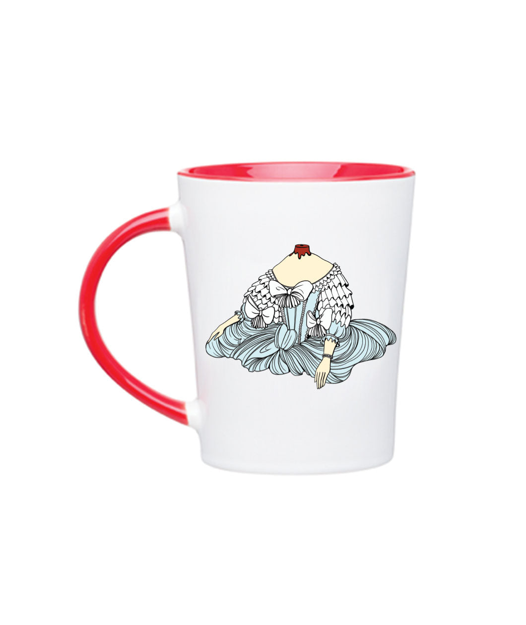 A Noble Blood white mug with red interior and handle. On the front of the mug is Marie Antoinette's bodice in a white and blue, ruffly corset with a cut off head with blood.  