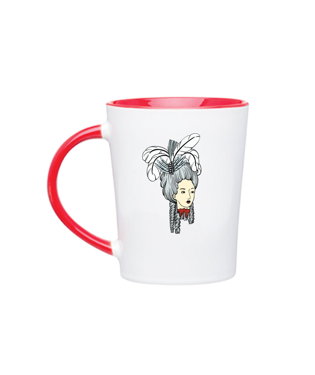 A Noble Blood white mug with red interior and handle. On the front of the mug is Marie Antoinette's head adorned with feathers with a bloody neck.