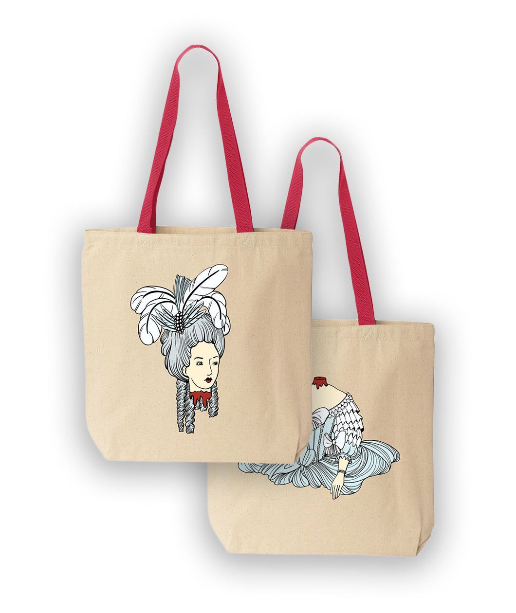 A canvas Noble Blood tote bag with a red handle. On the front of the bag is a bodice in a white and blue, ruffly corset with a cut off head with blood. On the back of the bag is Marie Antoinette's head adorned with feathers with a bloody neck.