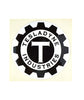 A circular white sticker with a black gear. Gear surrounds a white circle which has a black circle in the middle. A white serif “T” is in the center. “Tesladyne Industries” is in black serif font arched around the middle black circle - from Tesladyne