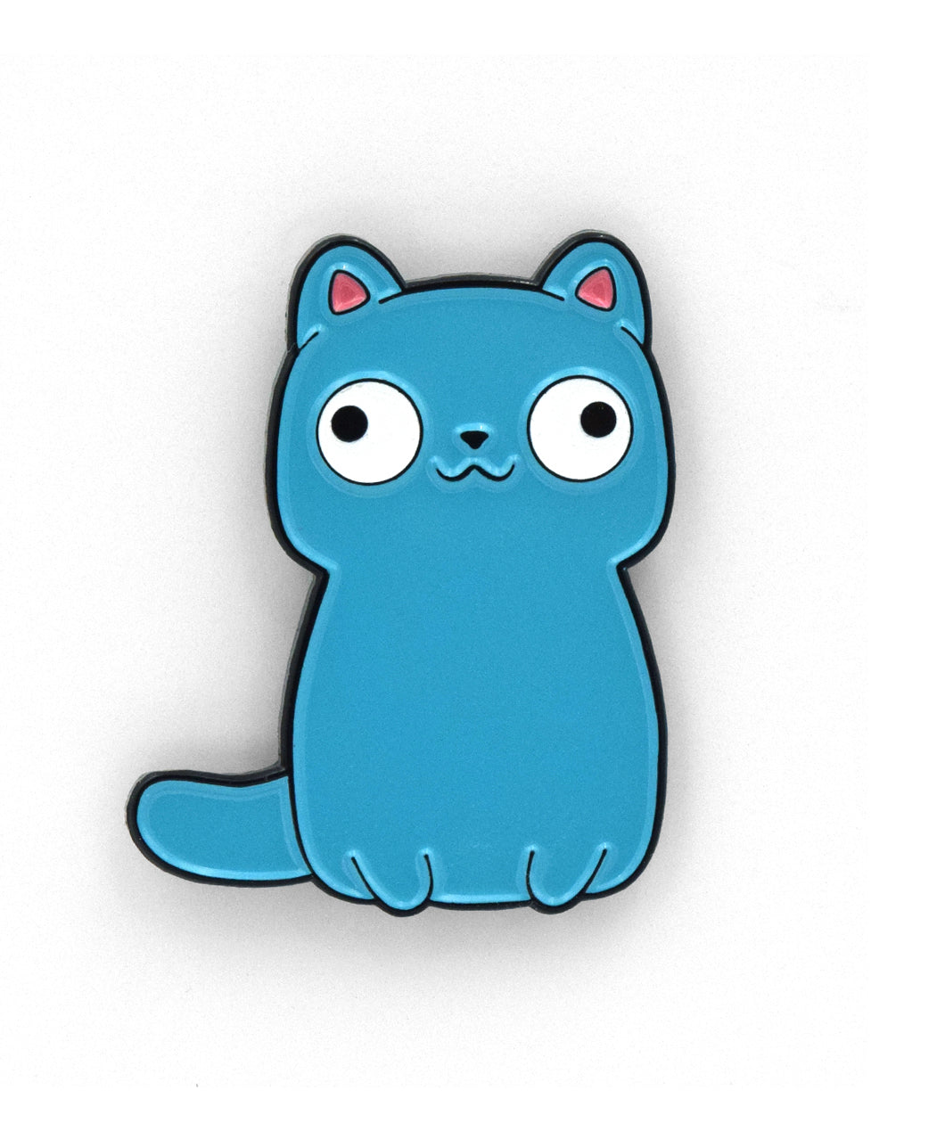 Blue cartoon cat pin with black outline. Two small paws are at the bottom with a tail coming out of the bottom left. Two white eyes with black pupils looking off in opposite direction - from Physics Girl