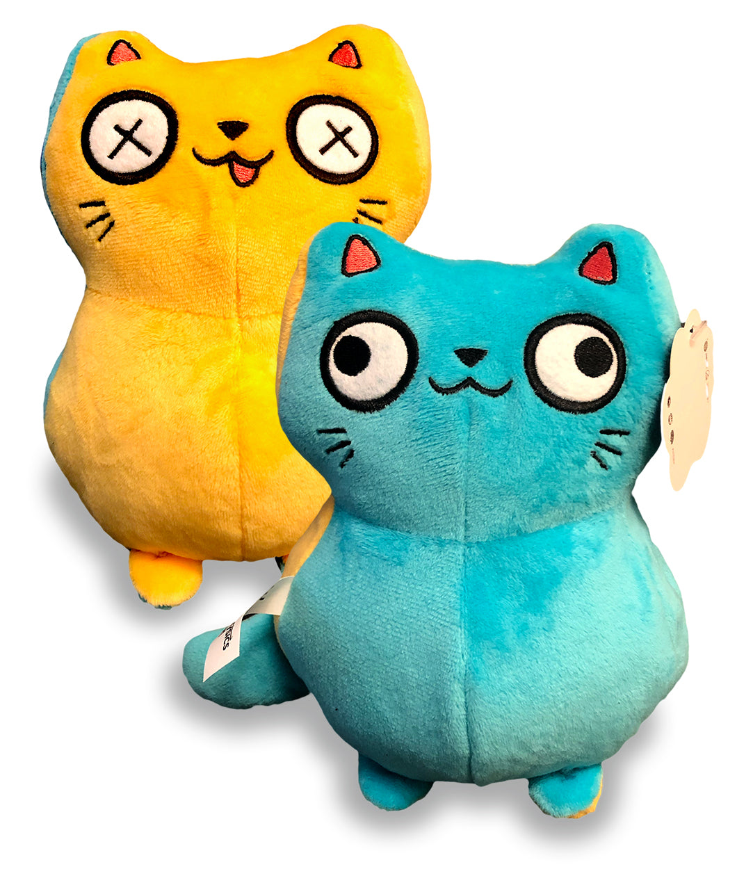 One side of cat plushie is blue with two legs at the bottom and a tail. Two white eyes with black outline with pupils looking in opposite direction. Face has mouth, nose, and whiskers. Two ears are at top with pink triangles. Other side is yellow with same details, but eyes have X’s in them and tongue is hanging out of mouth - from Physics Girl