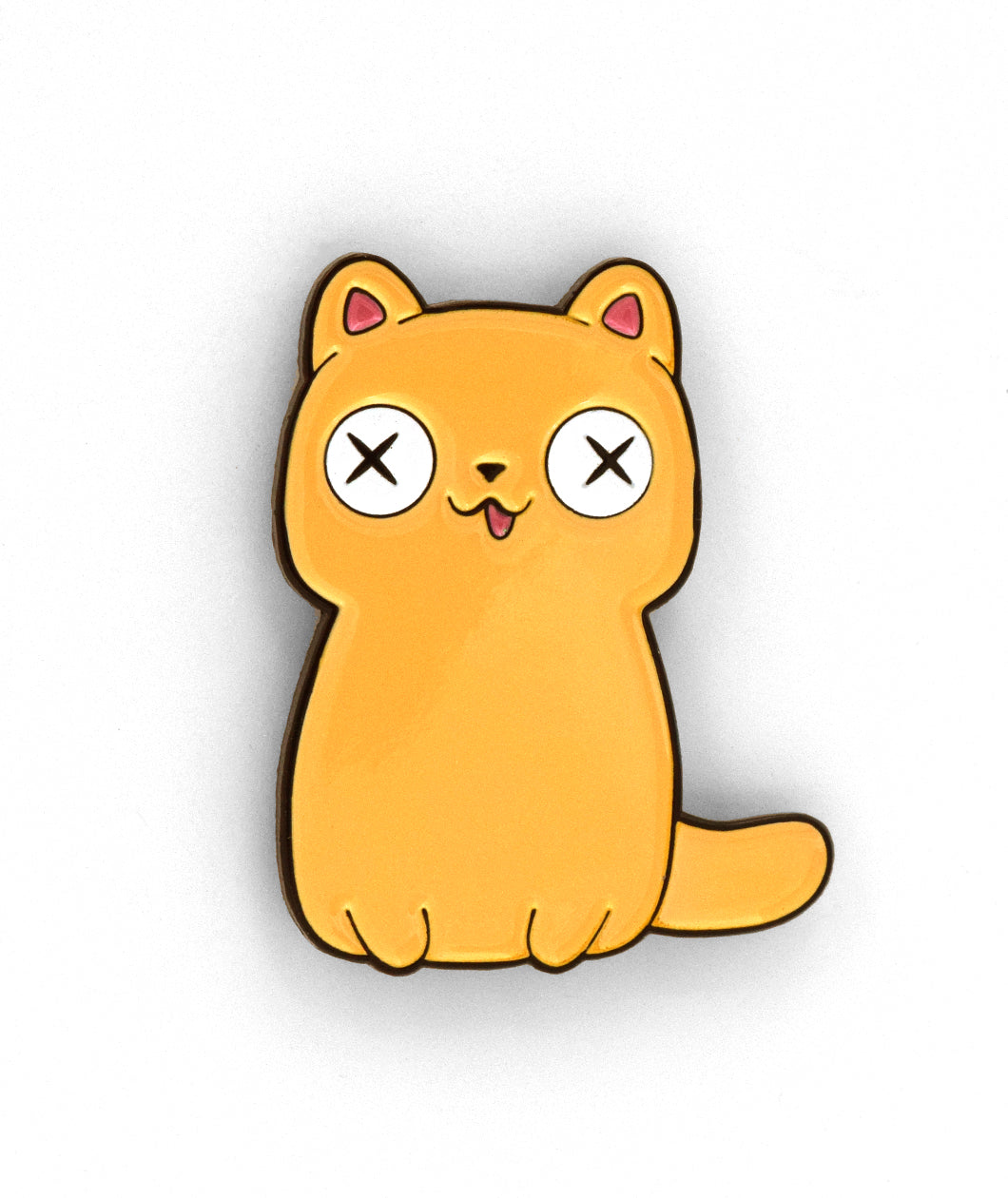 Yellow cat pin with a thin black outline. Two small paws at the bottom with a tail coming out at the bottom right. Tongue is hanging out and eyes are white with two black X’s in its eyes - from Physics Girl