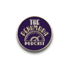 A purple circular pin with gold text that reads "The Penumbra Podcast".