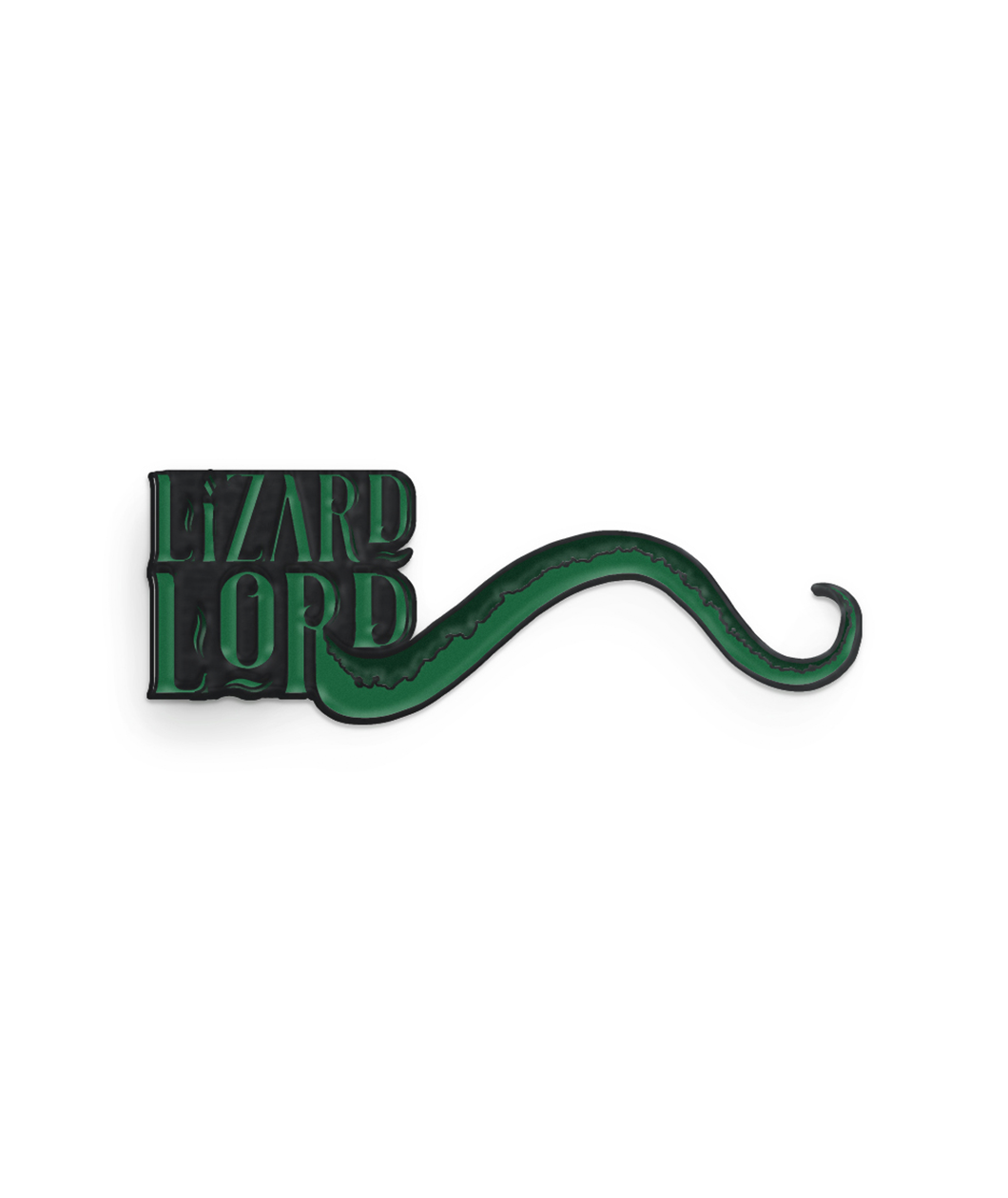 A green and black pin that says 