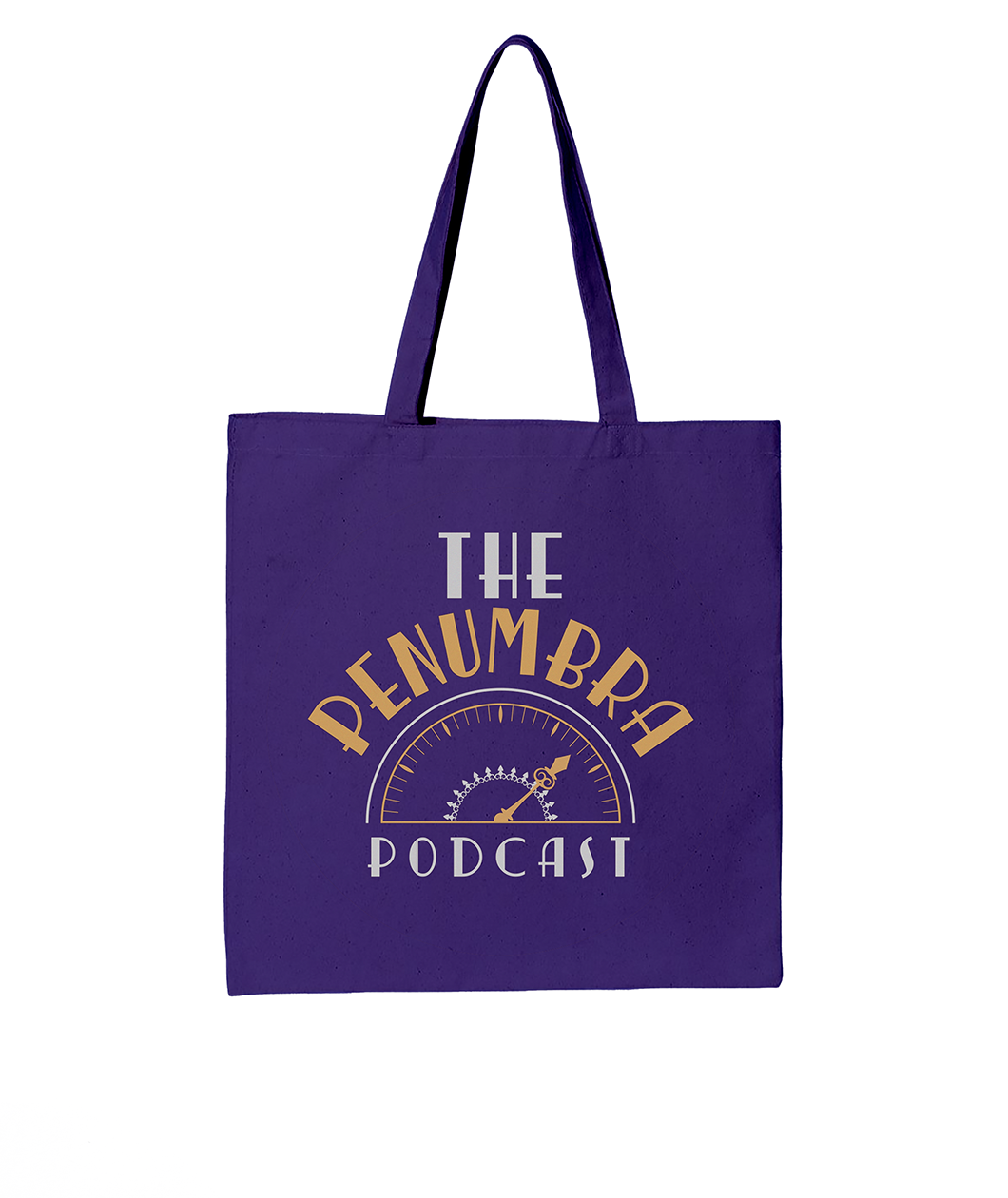 A purple tote bag with the classic logo text on the front that reads 