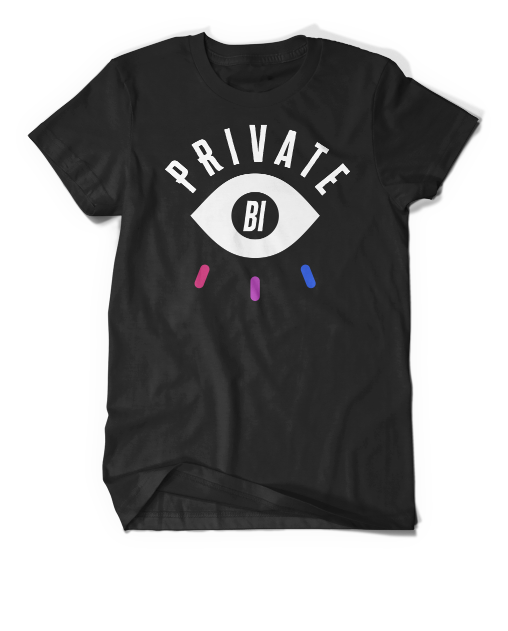 A black t-shirt with the word "Private" arced across the top. Right below that is the outline of an eye with the word "BI" written in the center. Below are three short colorful lines pointing away from the eye. From the Penumbra Podcast. 