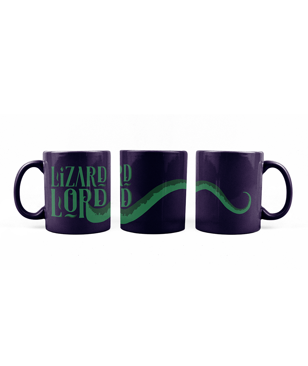 Three deep purple mugs are lined up to show all sides of the same mug. On the first mug are the words "Lizard Lord" in green with a tentacle coming out of the R and continuing to the other sides of the mugs. From the Penumbra Podcast.  