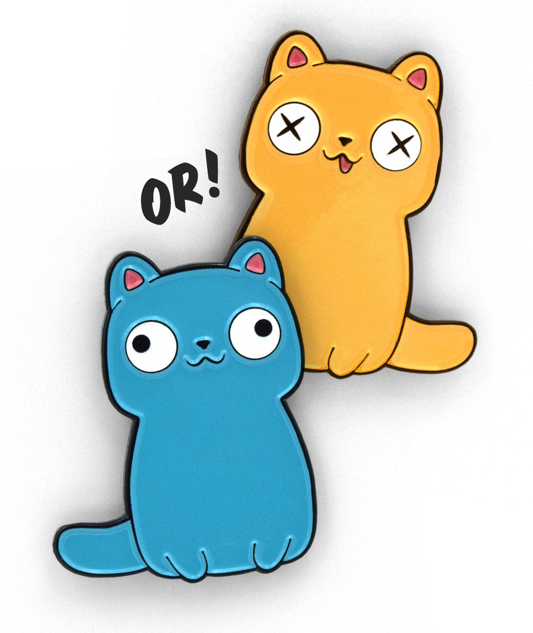 Yellow cartoon cat pin with a thin black outline. Two small paws at the bottom with a tail coming out at the bottom right. Tongue is hanging out and eyes are white with two black X’s in its eyes. Blue cartoon cat pin with black outline. Two small paws are at the bottom with a tail coming out of the bottom left. Two white eyes with black pupils looking off in opposite direction - from Physics Girl