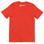 The back of an orange t-shirt with the PlayFrame logo centered at the very top of the back area.