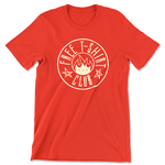 The front of an orange t-shirt with a circle in the center with the text "Free T-Shirt Club" inside as well as two hand-drawn stars and a small face in flames in the very center of the circle. From PlayFrame.