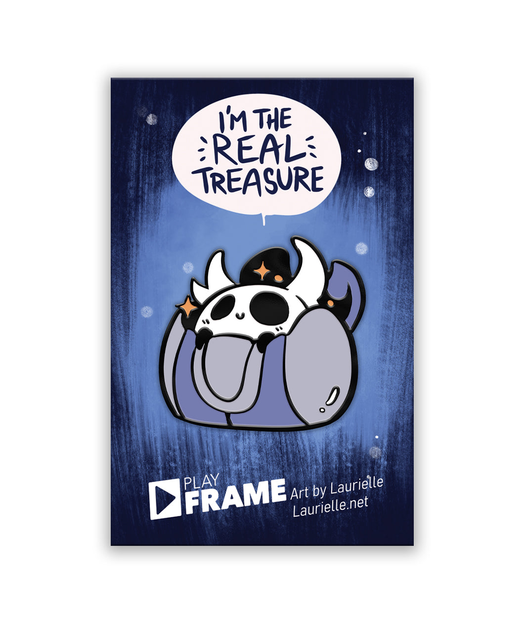 A blue pin backing that has a text bubble that says "I'm the real treasure" above a blue, black and white pin with the text PlayFrame. 