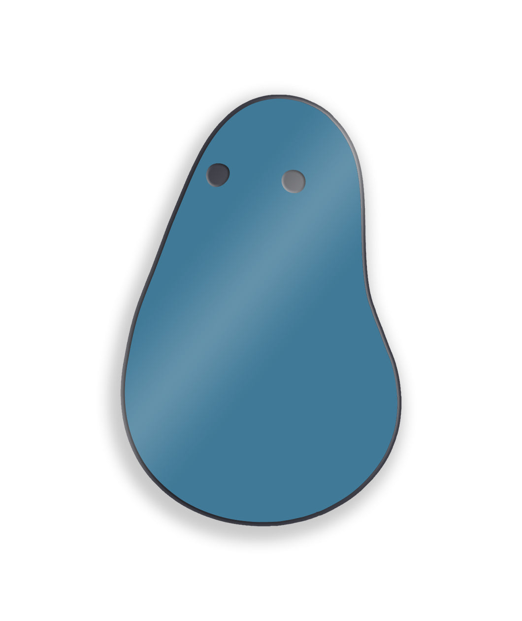 An ovular blue pin with a black outline and a wide base and thinner top. Two black circles act as the eyes - from Primer