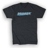 A dark gray shirt with “Primer” in white sans serif font. A blue paint streak is behind the text - from Primer