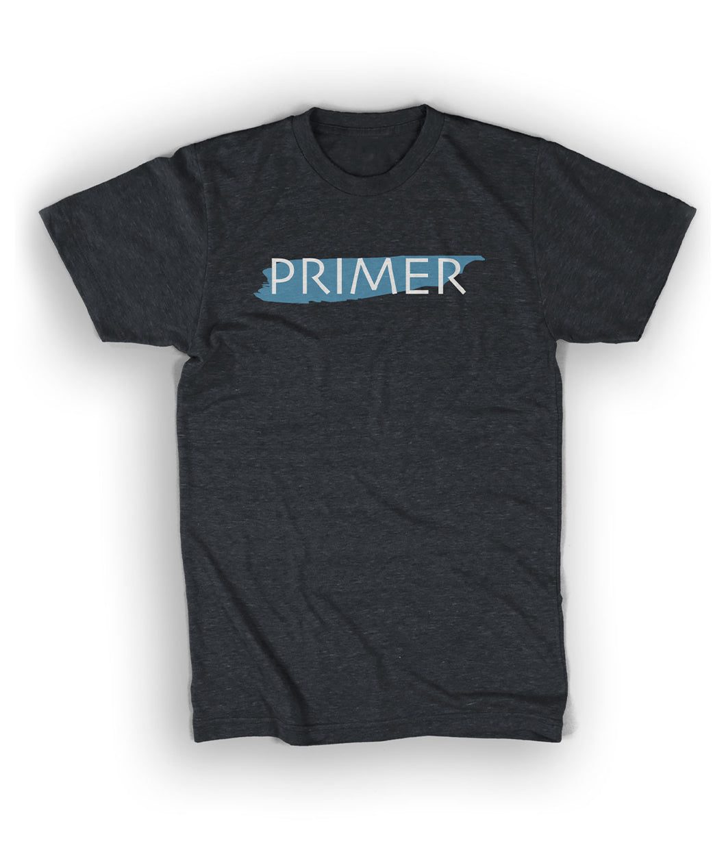 A dark gray shirt with “Primer” in white sans serif font. A blue paint streak is behind the text - from Primer