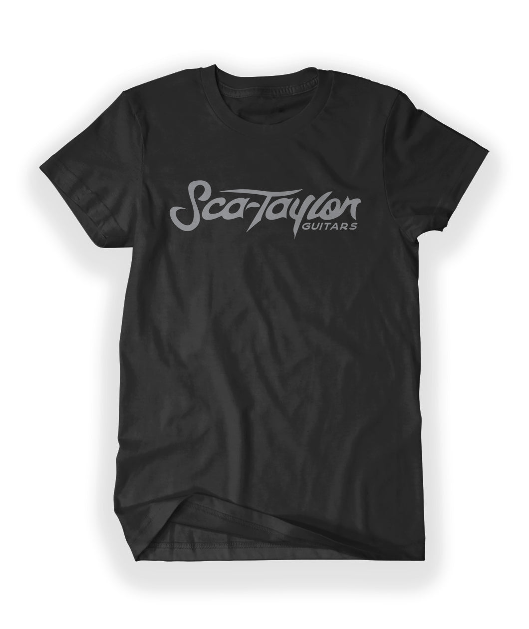 Black shirt with “Sca-Taylor” in gray organic cursive font. Below on the bottom right, “Guitars” is in gray organic font - from Rob Scallon