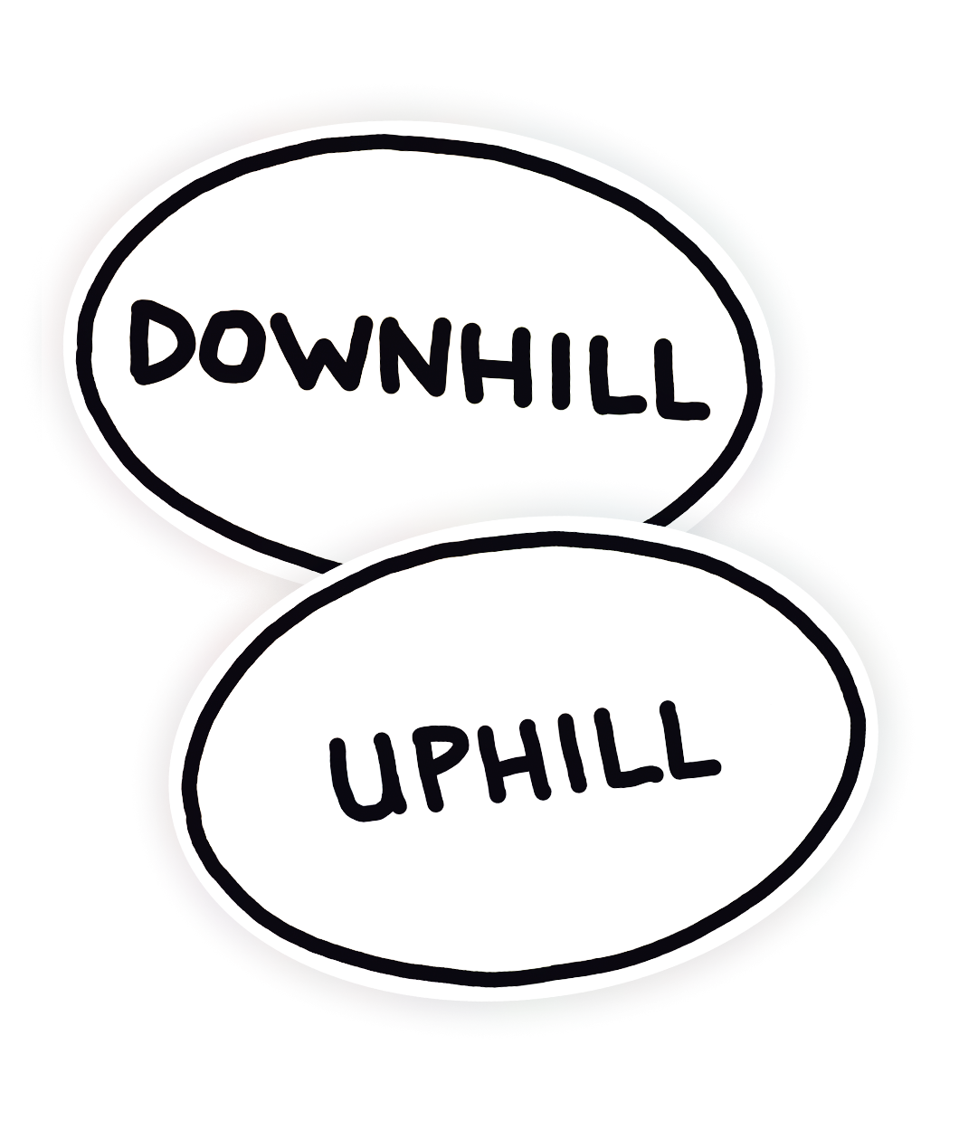 Two oval, white stickers with a black outline that read 