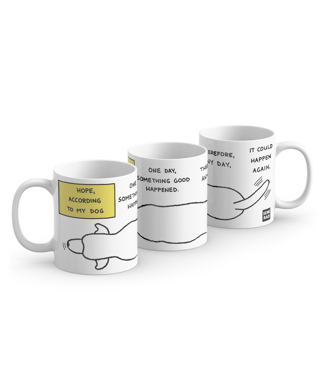 A line of three white mugs each showing a different portion of the same mug. There is an outline of a dog with text showing 
