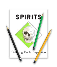 A white rectangular coloring book with a white skull resting inside a diamond half colored green. A yellow, green, and black colored pencil rest on the book . The top of the books reads "Spirits" and the bottom says "Coloring Book Expansion". 