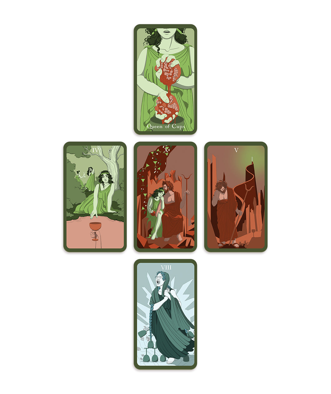 A grid of five illustrated tarot cards in green and brown color scheme, except one which is blue. This is the Cups Tarot booster from Spirits Podcast.