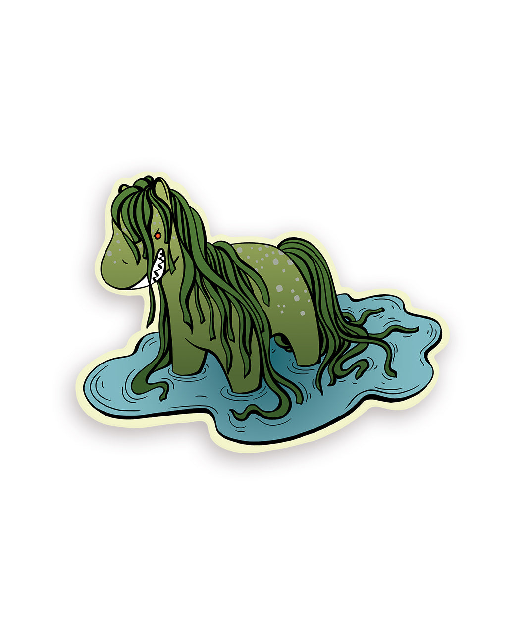 The Spirits sticker of the month for Sept is a Kelpie, a horse like creature with a seaweed mane and tail. It has a red eye and it barring its teeth. Surrounded by water. 