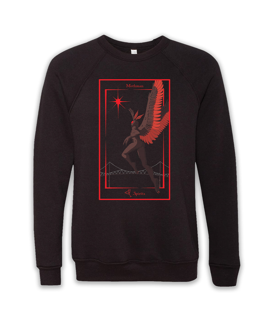 A black crewneck sweater with a dark red mothman with red wings reaching up towards a red star. In the distance is a line drawing of a white bridge. Two red outline rectangles surround the mothman. “Mothman” is in red serif font between the rectangles at the top. The spirits logo is on the bottom - from Spirits