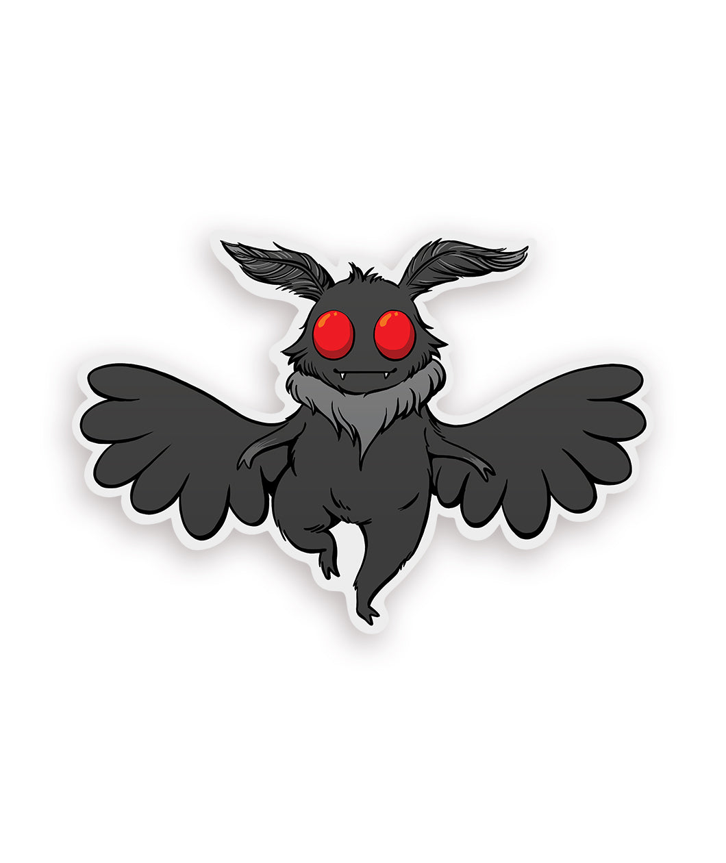 A grey sticker of mothman which appears to be a plump creature with wings outspread, small arms a beard, fangs, big glowing red eyes and feathery ears. From Spirits.  