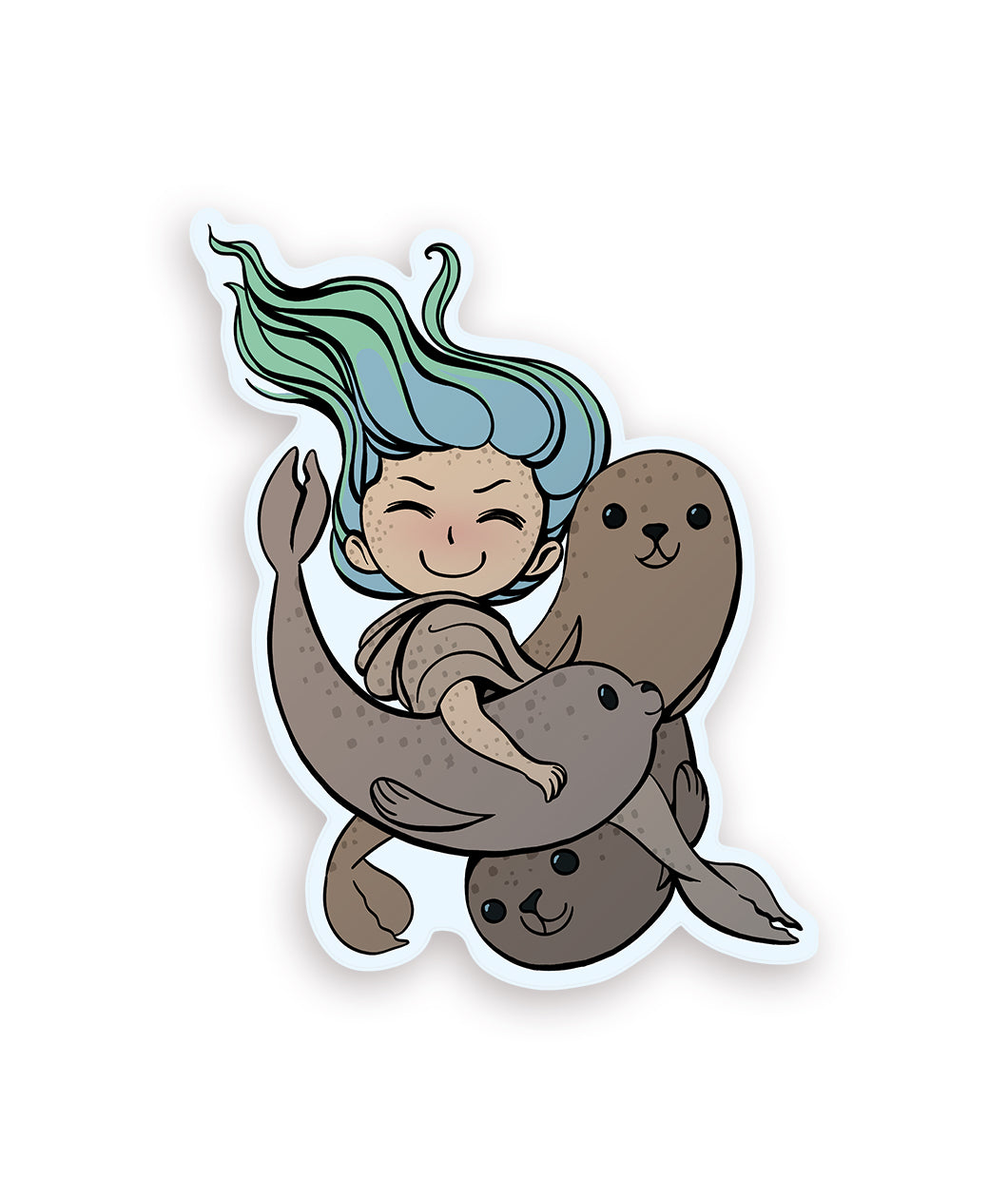The Spirits sticker of the month for July is a Selkie. The sticker depicts a girl with blue and green hair and a mermaid type tail. She is sandwhiched between three seals, smiling with her eyes closed. 