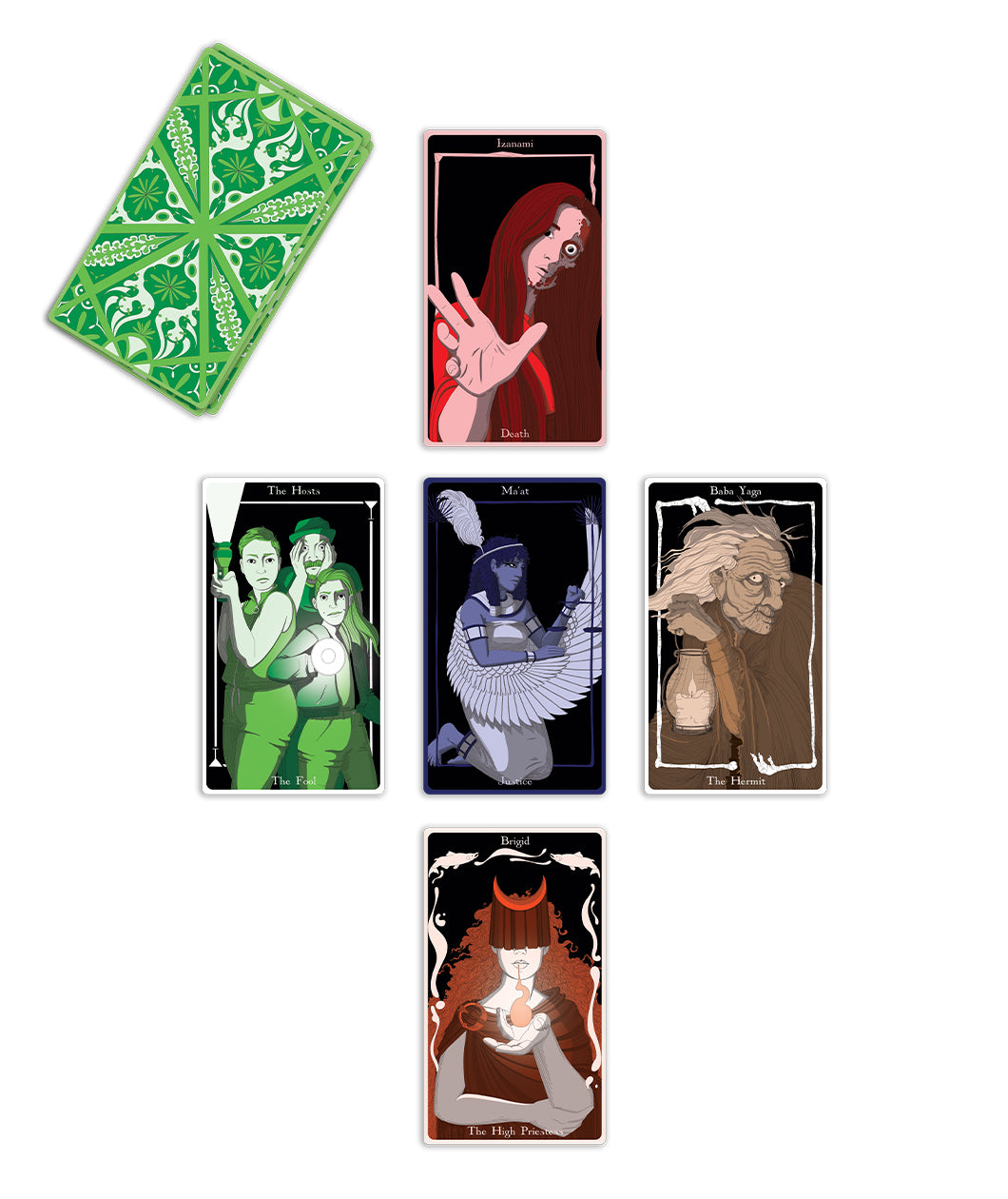 A set of green tarot cards with five of the cards facing up laid out in a cross. Each card has a different picture of a person or persons on it. From Spirits. 