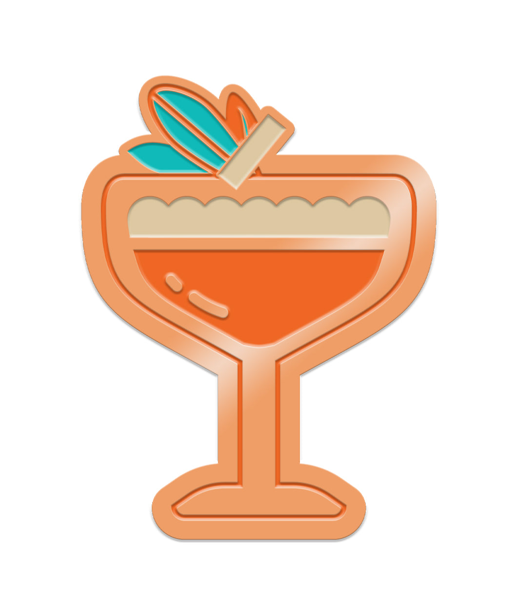 A peach colored vintage wine glass with a thick peach outline. A dark peach fill with a cream colored wavy topping is in the top of the glass. Three green leaves poke out of the top attached to a cream colored rectangle - from Spirits