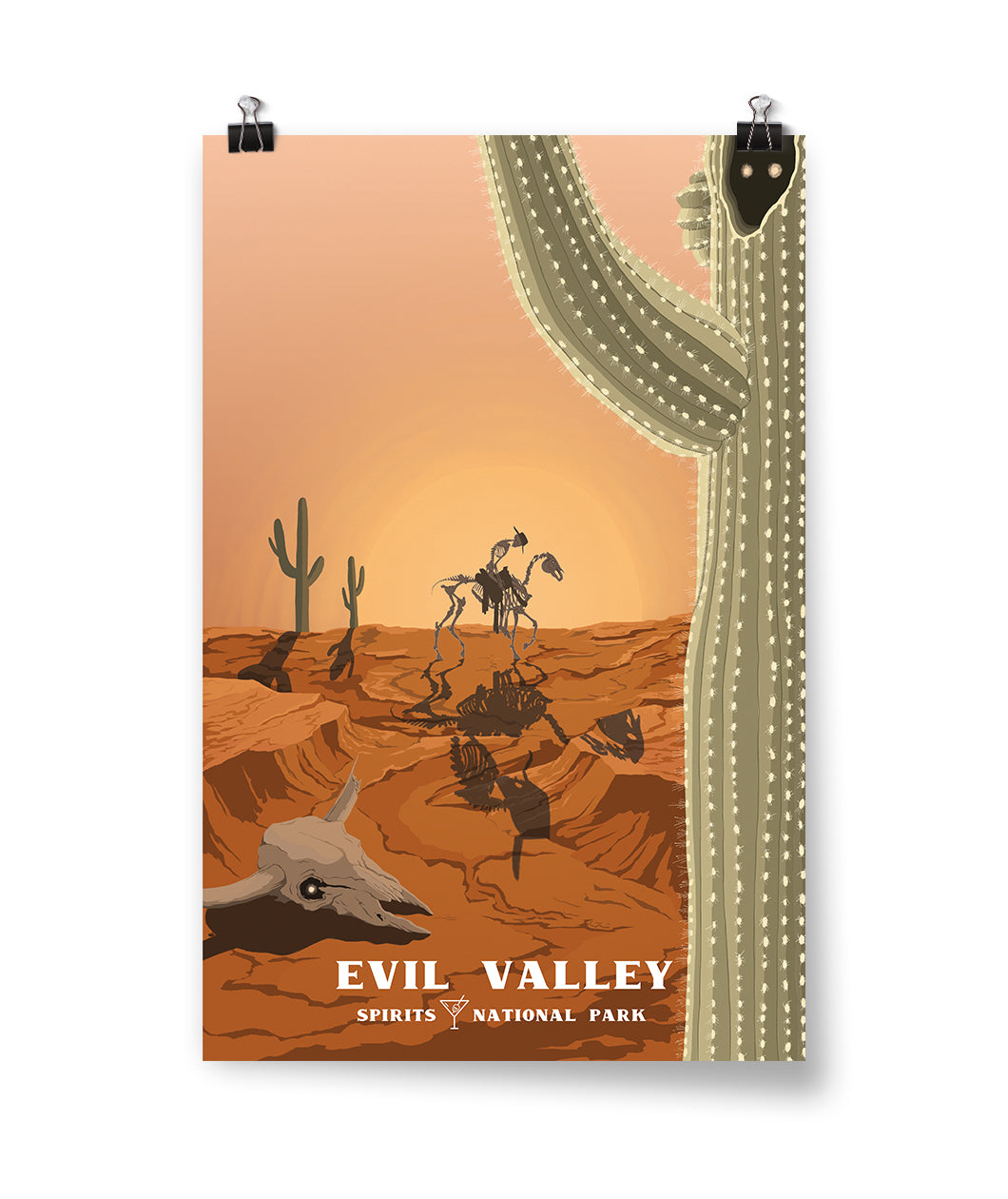A vector drawing of a red desert with three cacti and a skull. A skeleton riding a skeletal horse is in the center. “Evil Valley” is above “Spirits National Park” all in white serif font. An outline drawing of a martini glass is in between text - from Spirits