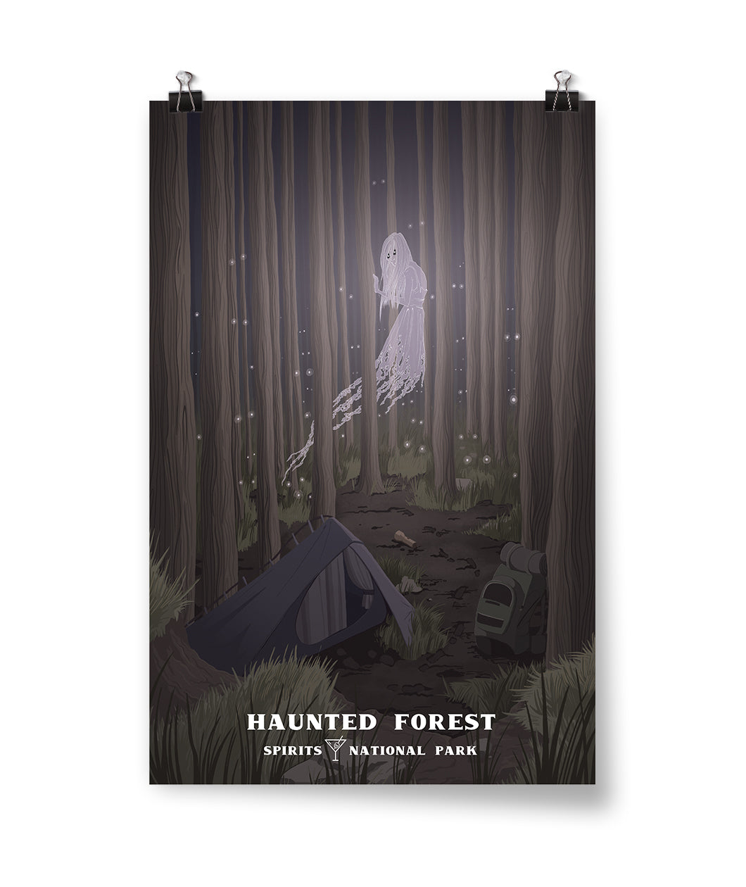 A vector drawing of a dark forest of skinny trees with an abandoned campsite. Yellow fireflies are throughout forest. A ghost of a woman floats in between the trees. “Haunted Forest” is above “Spirits National Park” both in white serif font. An outline drawing of a martini glass is after “Spirits” - from Spirits