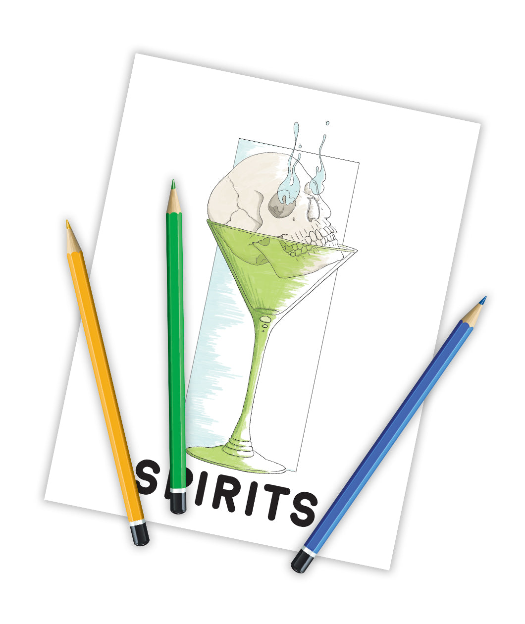 A white rectangular coloring book with a green martini with a white skull resting inside. Two blue flames are coming out of the eye sockets. “Spirits” is in black sans serif font at the bottom. A yellow, green, and blue colored pencil rest on the book - from Spirits