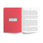 An open book with a red page on the left. “Zines” is in red serif font surrounded by a white rectangle with a blue border. On the right is text of the zine - from the Anthropocene Reviewed