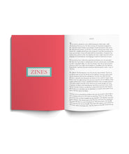 An open book with a red page on the left. “Zines” is in red serif font surrounded by a white rectangle with a blue border. On the right is text of the zine - from the Anthropocene Reviewed