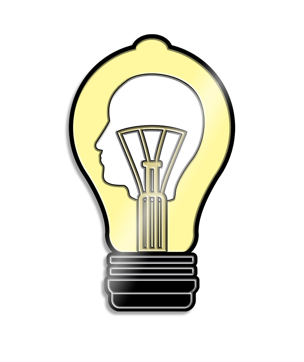 A pin shaped like a light bulb with the silhouette of a head profile. From the Bright Sessions. 