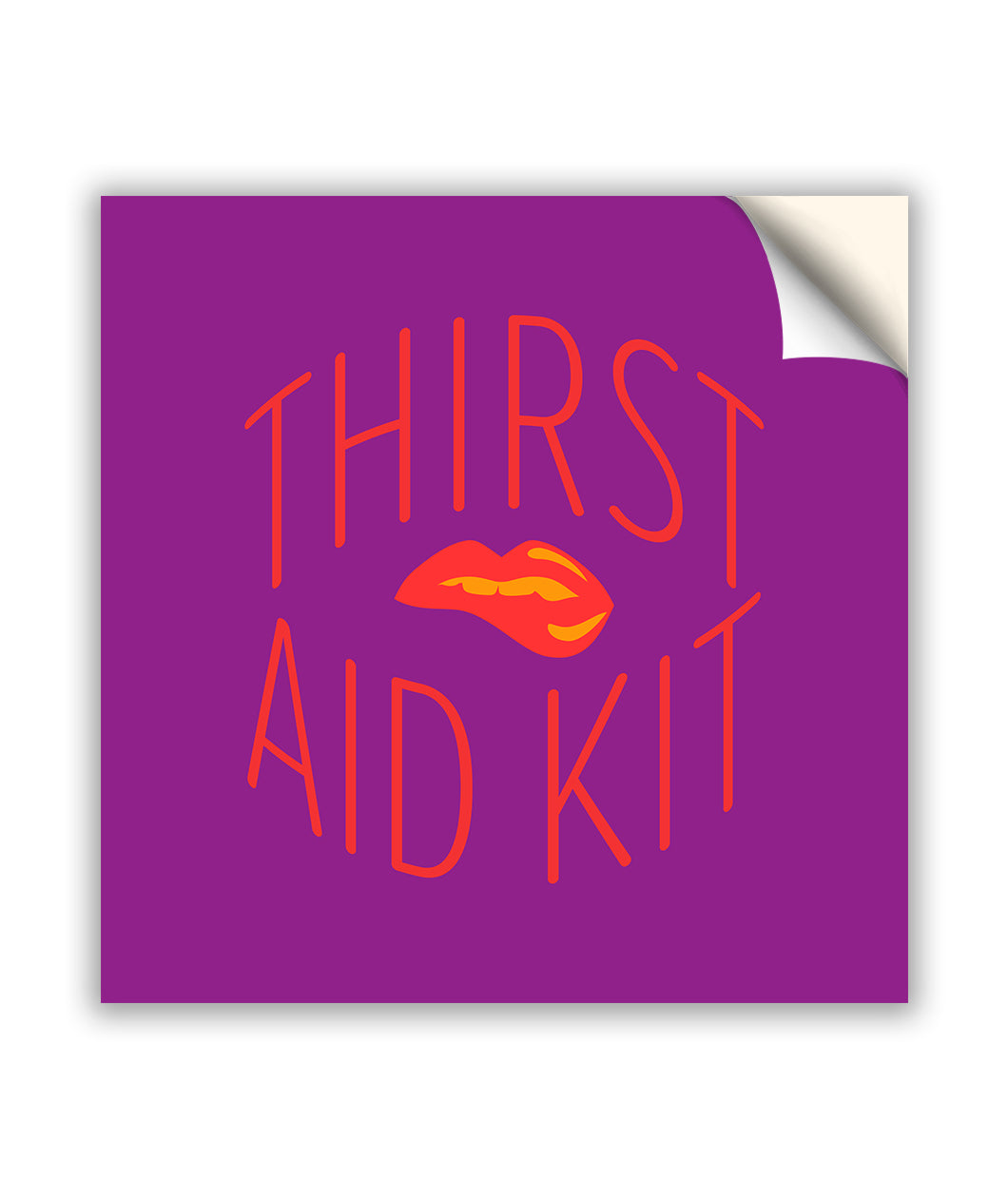 A square, purple sticker. A pair of red lips biting the bottom lip is centered on the sticker. Above it is “Thirst” in thin red text, and below is “Aid Kit.”