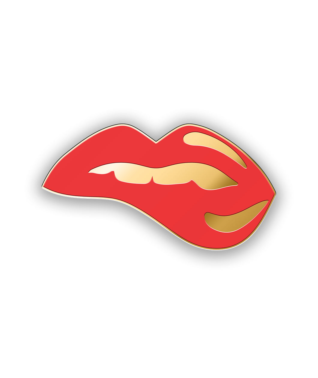 An enamel pin with golden metal. A pair of red lips is slightly open; the two front teeth of the mouth bite down on the lower lip.  By Thirst Aid Kit.
