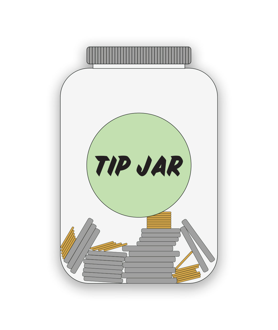 An illustration of a jar with a lid, filled with coins. There is a green circular label on the jar that says 