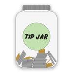 A drawing of a clear cylindrical jar with coins inside of it and a mint green circle on it labeled "Tip Jar" - by Black Girls Create
