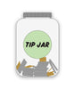 A vector drawing of a jar with a gray lid. A light green circle is in the center with “Tip Jar” in black sans serif italicized font. Vector drawn coins are at the bottom of the jar - from Spirits