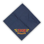 A square, dark blue bandana. In one corner of the bandana is the red text “TMGW” in a yellow outline. Yellow lightning bolts surround the T and W. Below that text is a yellow banner with “Are we rolling?” in red.