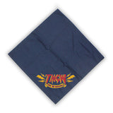 A square, dark blue bandana. In one corner of the bandana is the red text “TMGW” in a yellow outline. Yellow lightning bolts surround the T and W. Below that text is a yellow banner with “Are we rolling?” in red.